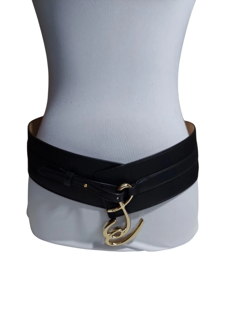 Sam Edelman Black Leather Wide Wrap Waist Belt Gold Logo Buckle Size S NWT
